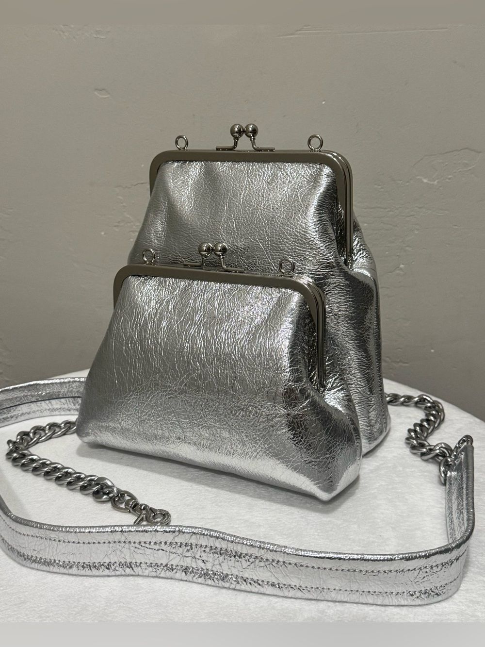 Unique 2 In 1, Silver Leather Handmade Kisslock Double Frame Multi Use Bag